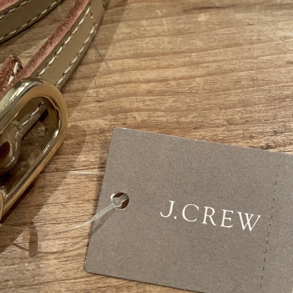NWT J. Crew 100% leather gold beige skinny belt Old Money, business Holiday LG
